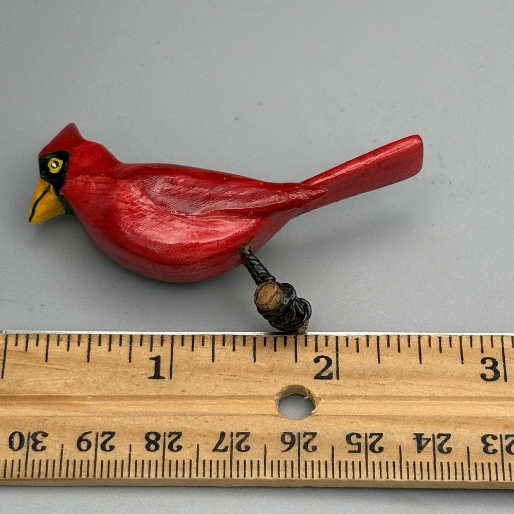 Vintage Wood Hand Painted Bird Cardinal Brooch EUC Japanese Signed